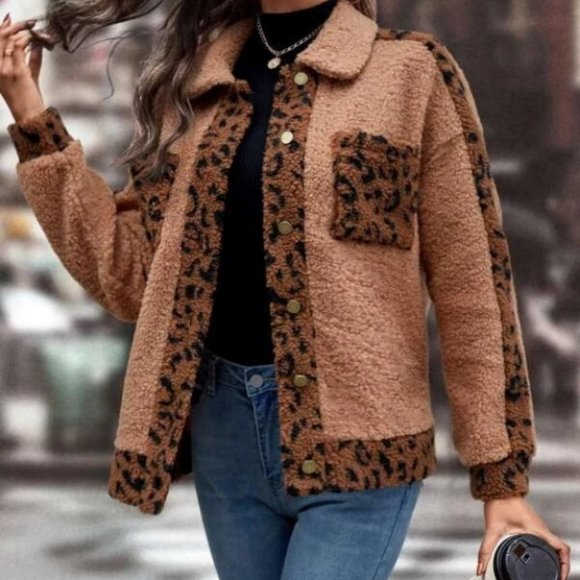 faux fur shearling Teddy Jacket Coat overcoat Leopard Printed - Picture 3 of 5